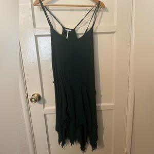 Free People Tattered Up Shredded Asymmetrical Dark Green Raw Hem Slip Dress